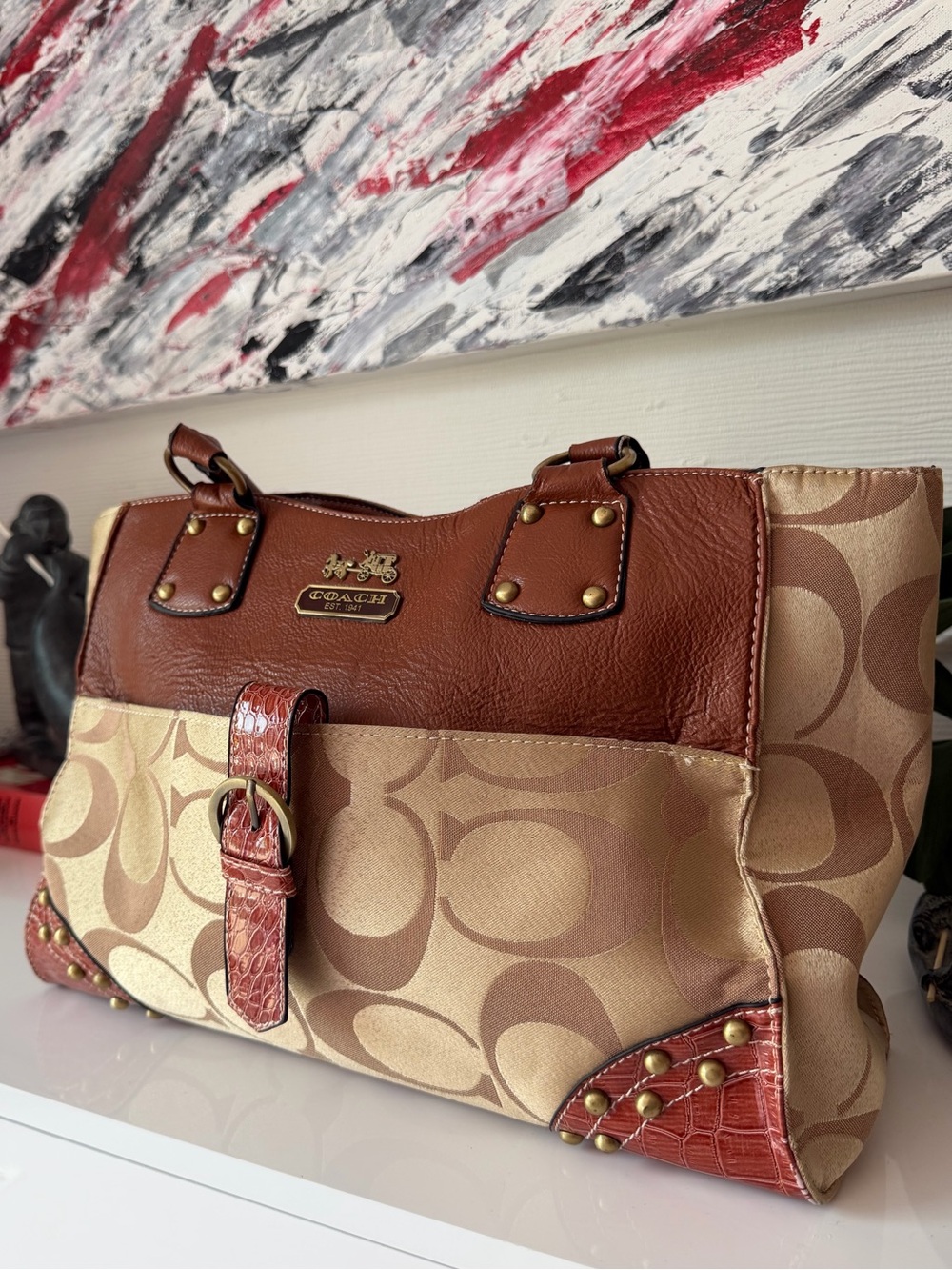 Coach- Style Monogram Tote Bag Brass Studded Y2K Shoulder Bag